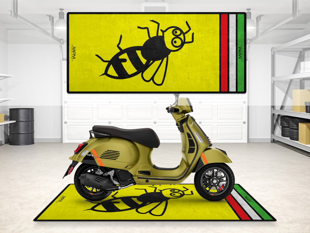 Vespa GTS 300 on a bold garage mat with bee design. The perfect floor cover for parking mat, showroom rug or rider accessory.