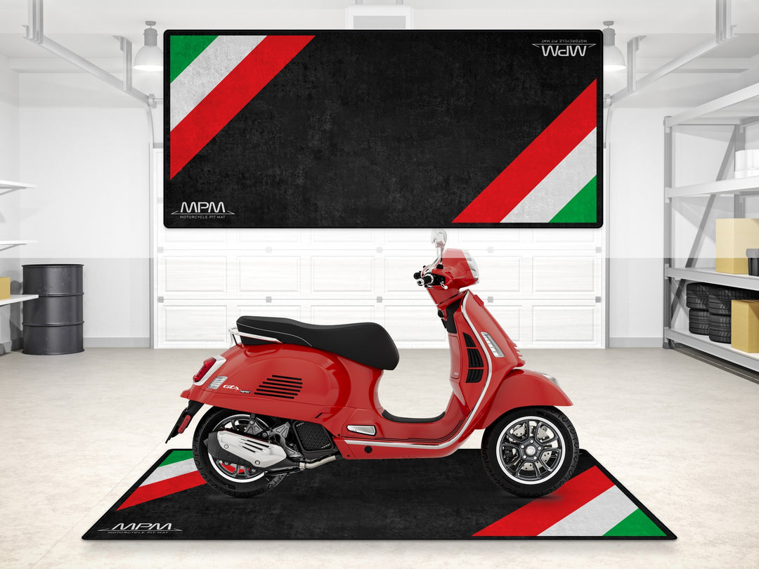 Garage mat with Italian theme for Vespa GTS 300. Perfect pit mat and rug for showroom, floor cover or motorcycle display.