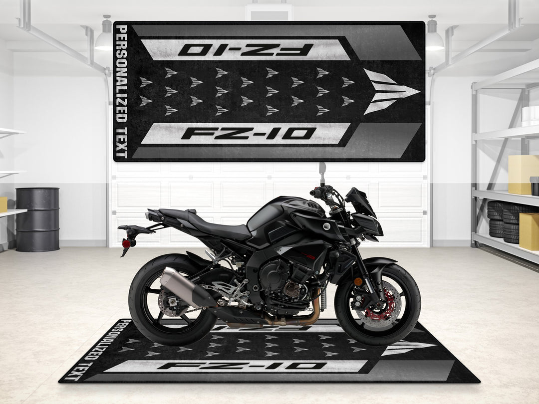 Custom pit rug for Yamaha FZ-10 in stealth black, ideal accessory for track prep, bike zone, and motorcycle gear lovers.