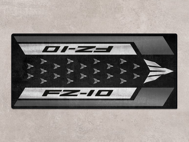 FZ-10 black parking mat for rider essentials, perfect rug for garage floor protection, racetrack, or superbike garage setup.