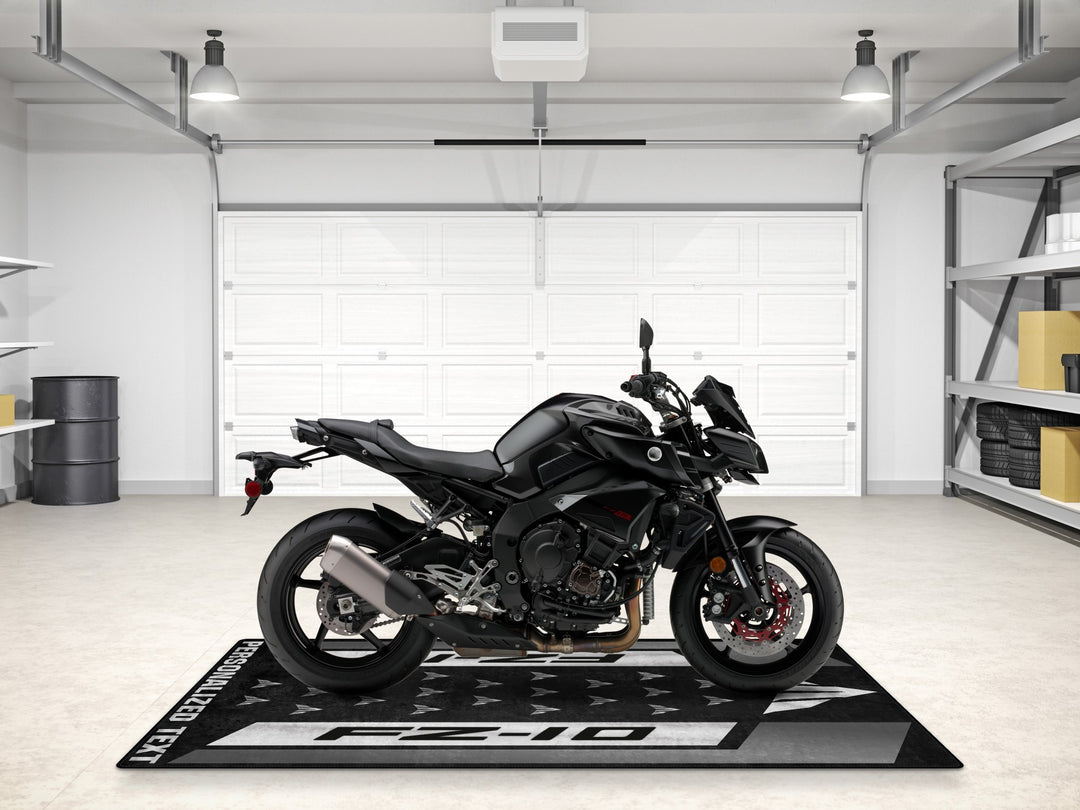 Yamaha FZ-10 floor mat in full black design, great gift for riders, parts area, or custom setup in any garage or pit zone.