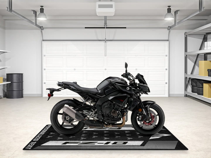Yamaha FZ-10 floor mat in full black design, great gift for riders, parts area, or custom setup in any garage or pit zone.