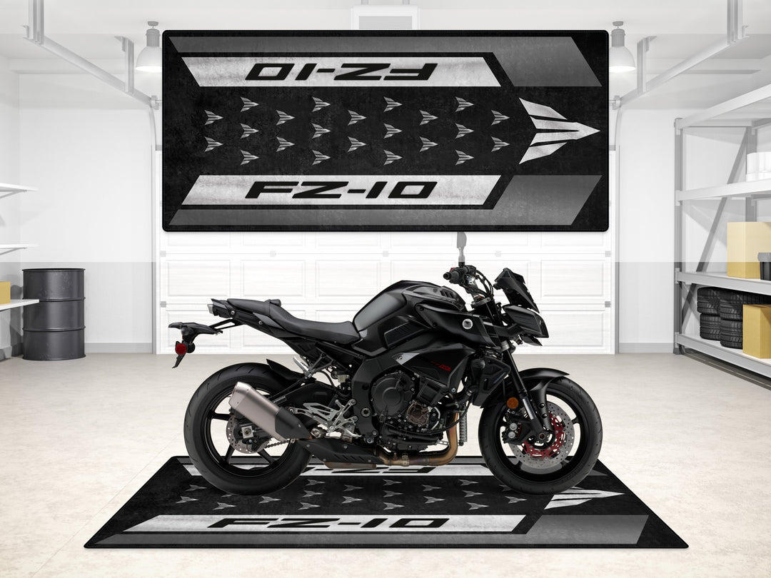 Matte black Yamaha FZ-10 on a pit mat with sharp monochrome design, ideal garage mat and floor cover for motorcycle display.