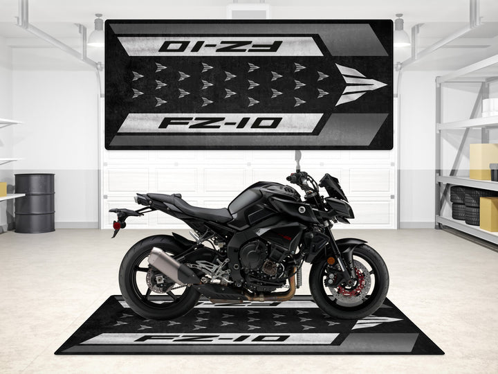 Matte black Yamaha FZ-10 on a pit mat with sharp monochrome design, ideal garage mat and floor cover for motorcycle display.