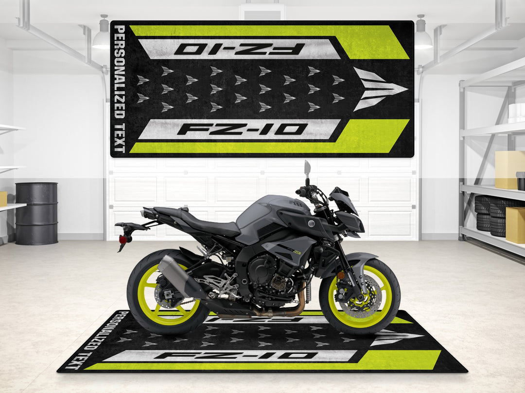 Custom pit rug with yellow racing look for FZ-10, ideal bike zone accessory and track prep essential for any rider.