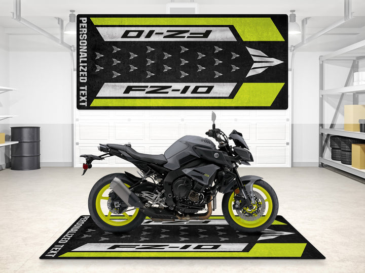 Custom pit rug with yellow racing look for FZ-10, ideal bike zone accessory and track prep essential for any rider.