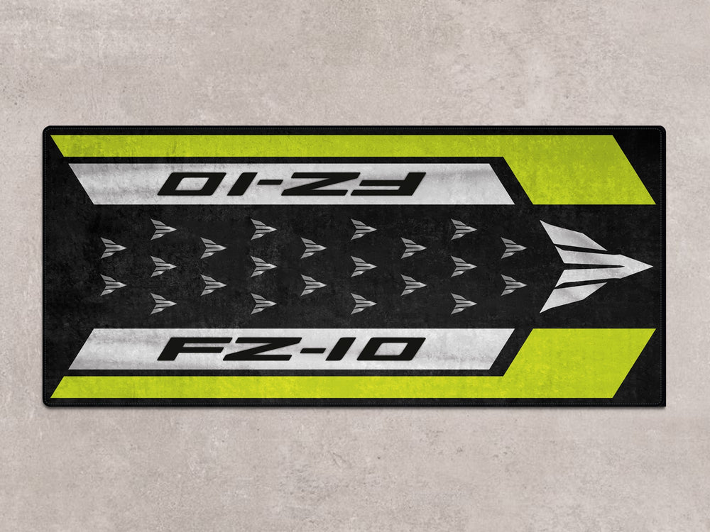 Pit mat for Yamaha FZ-10 in yellow-black, designed for superbike garage, motorcycle gear, and garage floor protection.