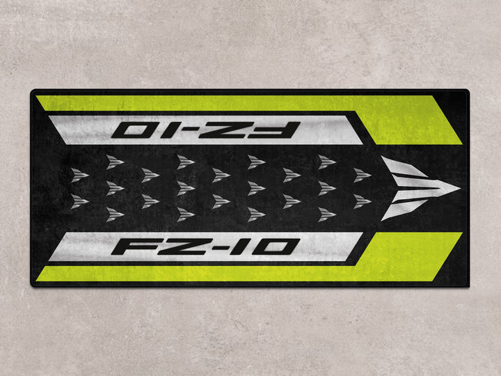 Pit mat for Yamaha FZ-10 in yellow-black, designed for superbike garage, motorcycle gear, and garage floor protection.
