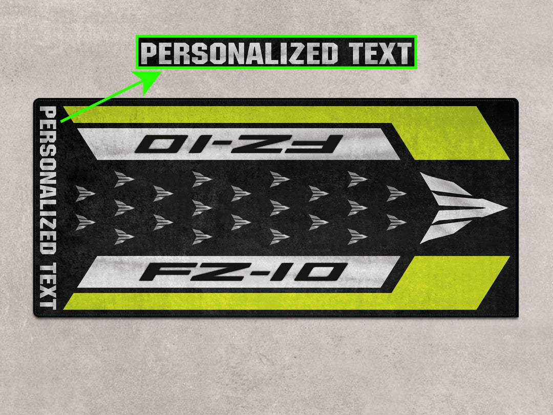 Personalized motorcycle display mat for Yamaha FZ-10, made of Thermoplastic Rubber for racetrack or garage use.