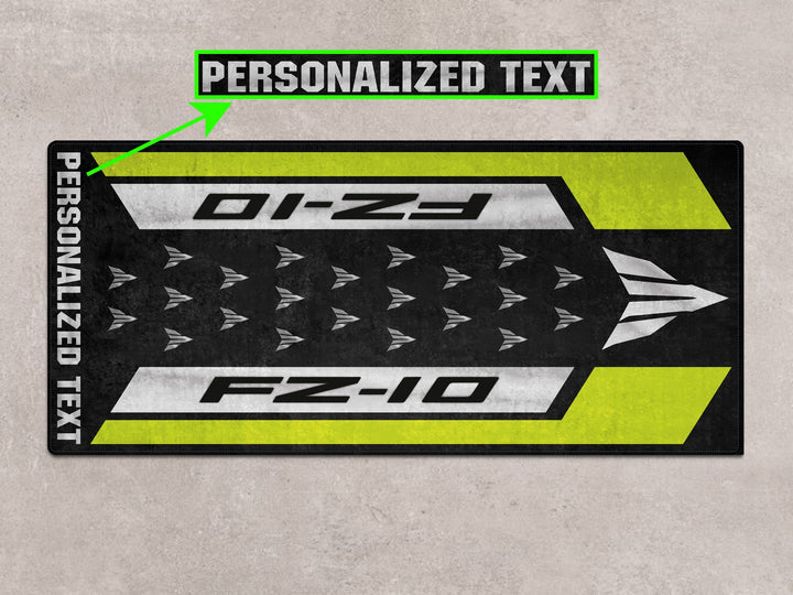 Personalized motorcycle display mat for Yamaha FZ-10, made of Thermoplastic Rubber for racetrack or garage use.