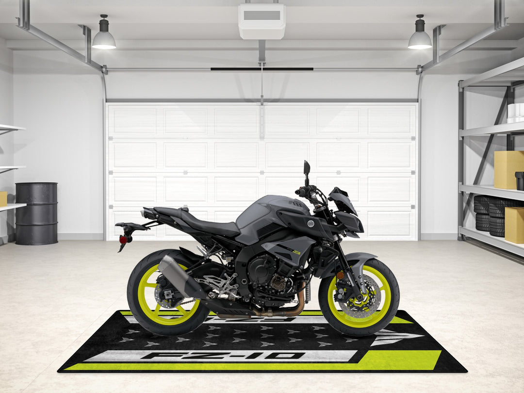 FZ-10 parking rug in black-yellow, great gift idea and stylish carpet for parts care and motorcycle gear setups.