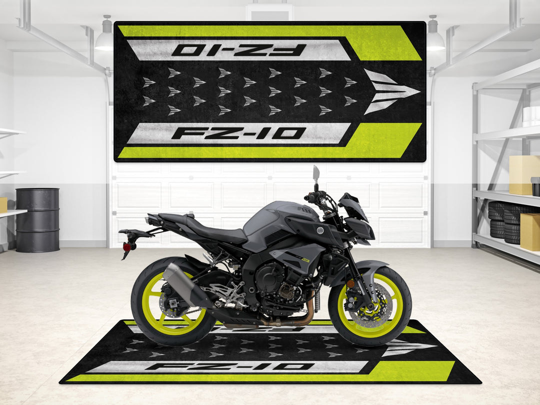 Yamaha FZ-10 Black-Yellow garage mat with bold arrows, perfect parking mat and floor cover for rider essentials and showroom.
