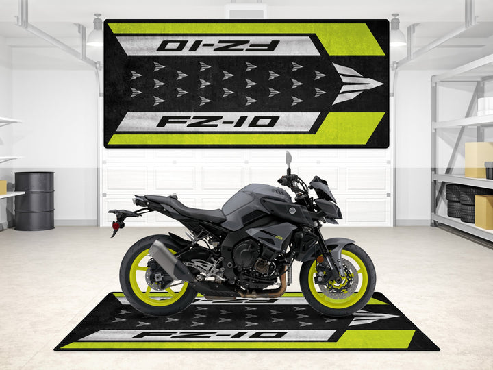 Yamaha FZ-10 Black-Yellow garage mat with bold arrows, perfect parking mat and floor cover for rider essentials and showroom.