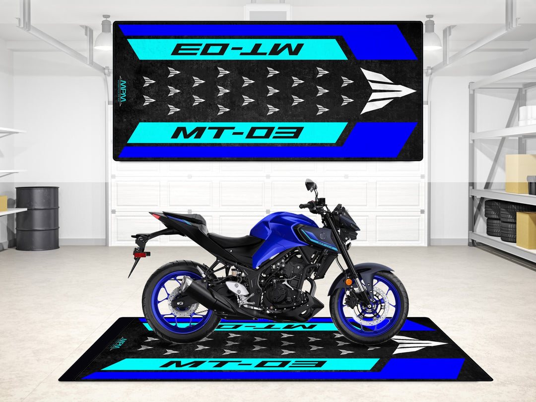Garage floor cover designed for Yamaha MT-03. Perfect rug for track prep, parking mat, or showroom display.