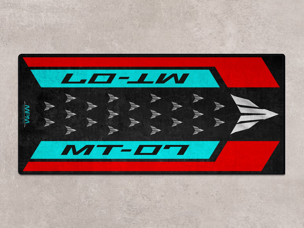 MT-07 garage floor cover in Cyan Storm color. Motorcycle gear essential for garage mat and display setup.