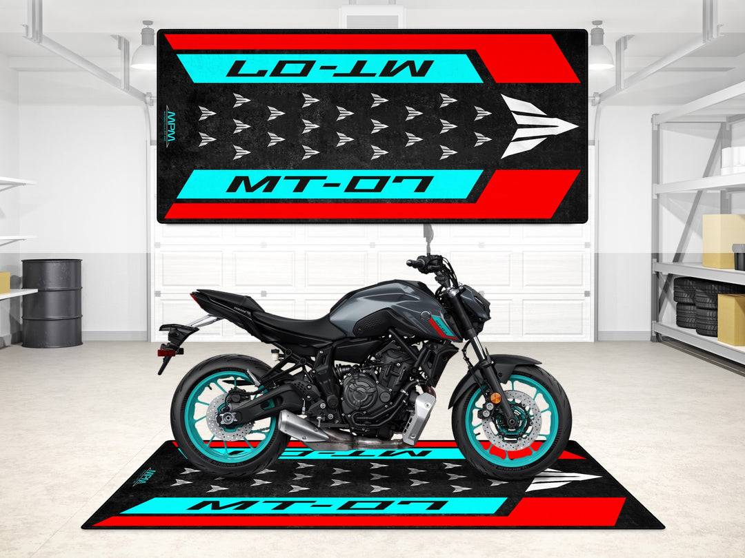 Yamaha MT-07 Cyan Storm garage mat with vibrant red-cyan layout. Ideal for parking mat or showroom floor cover.