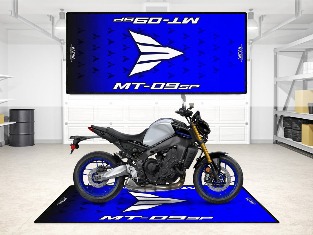 Yamaha MT-09 SP garage mat with bold blue design. Perfect for garage floor protection and showroom setups.