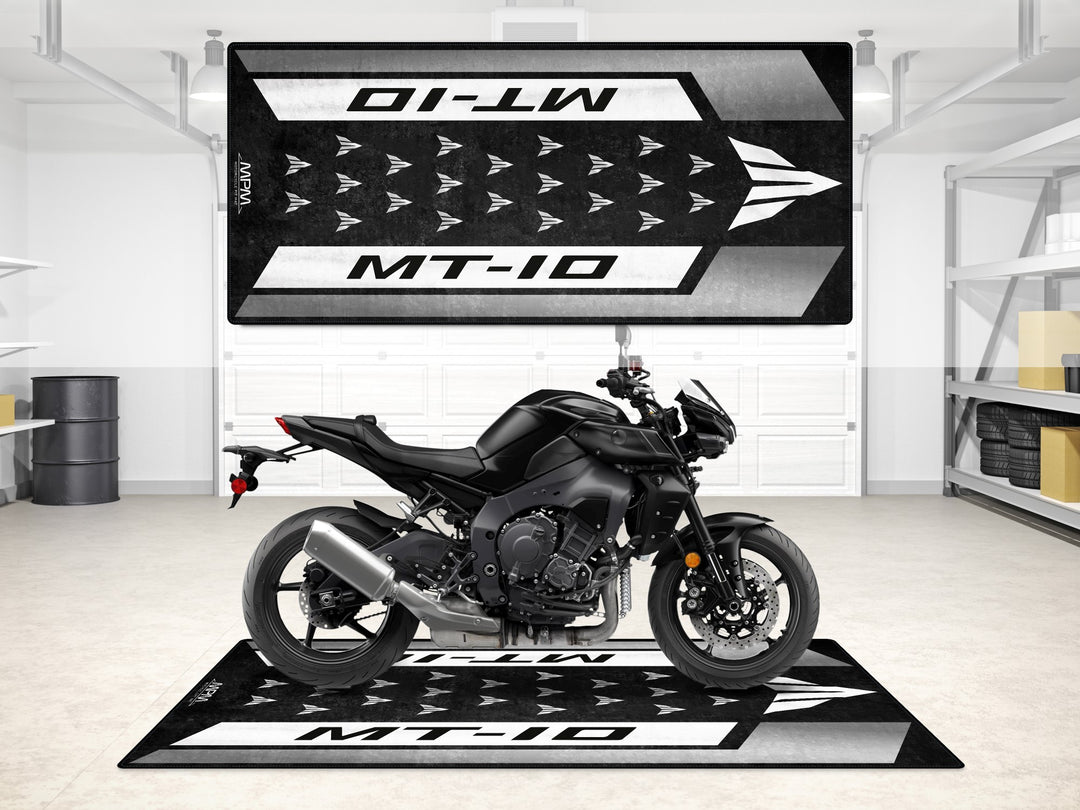 Yamaha MT-10 Tech Black garage mat. Sleek parking mat with floor cover function for garage or showroom use.