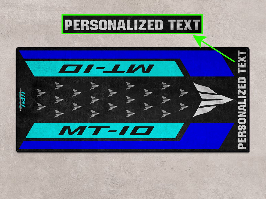 Personalized Icon Blue MT-10 floor cover. Motorcycle display mat for garage, racetrack, or parts area.