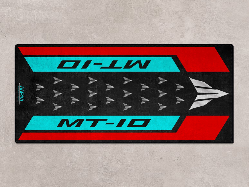 Yamaha MT-10 cyan storm garage mat. Ideal for pit mat setups, showroom display or motorcycle gear zone.