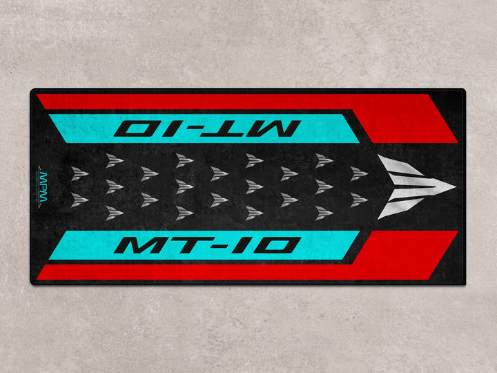 Yamaha MT-10 cyan storm garage mat. Ideal for pit mat setups, showroom display or motorcycle gear zone.