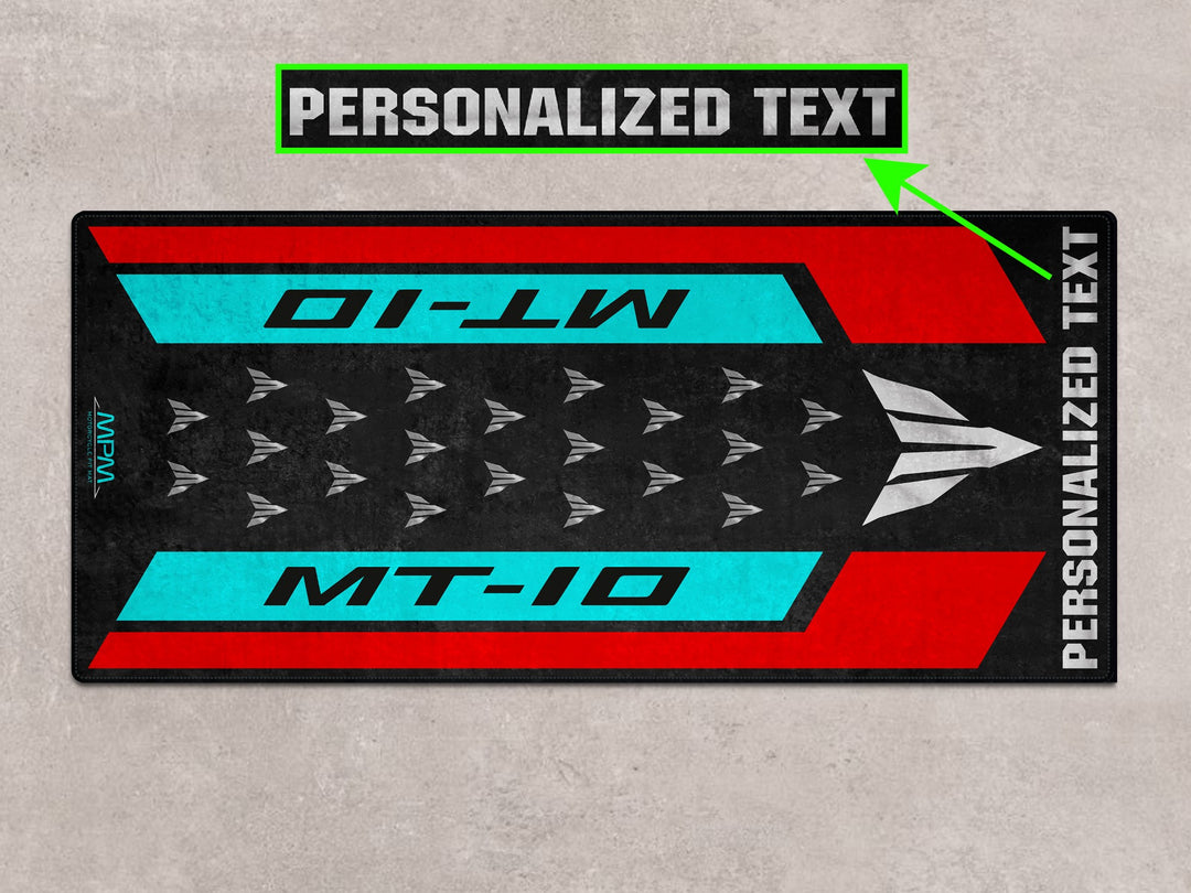 Personalized MT-10 cyan storm floor mat. A perfect motorcycle accessory and gift for garage floor protection.