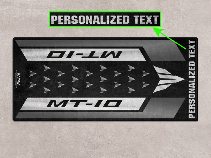 Personalized Tech Black floor cover for Yamaha MT-10. Ideal motorcycle gear base and track prep mat.