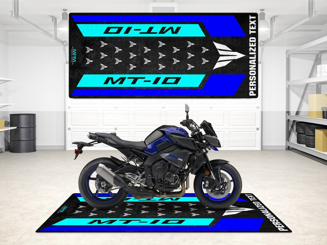 Custom pit rug for Yamaha MT-10 Icon Blue. Ideal gift and garage accessory for superbike riders.