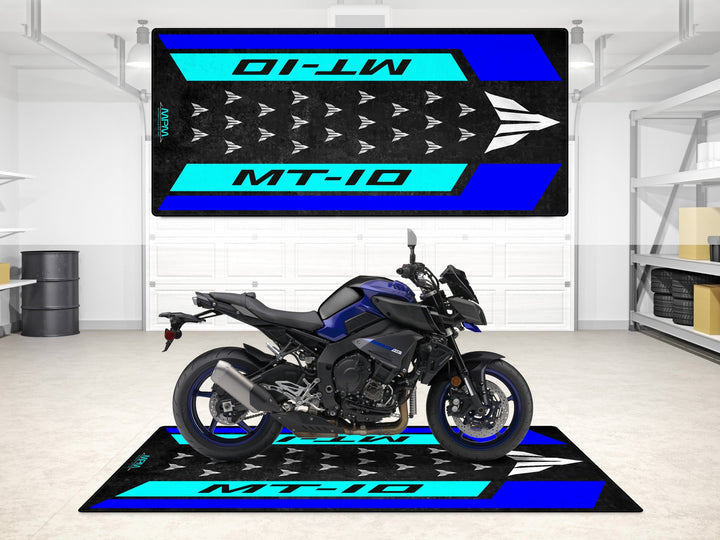 Yamaha MT-10 Icon Blue garage mat. Perfect for showroom or pit mat use, protects your garage floor in style.