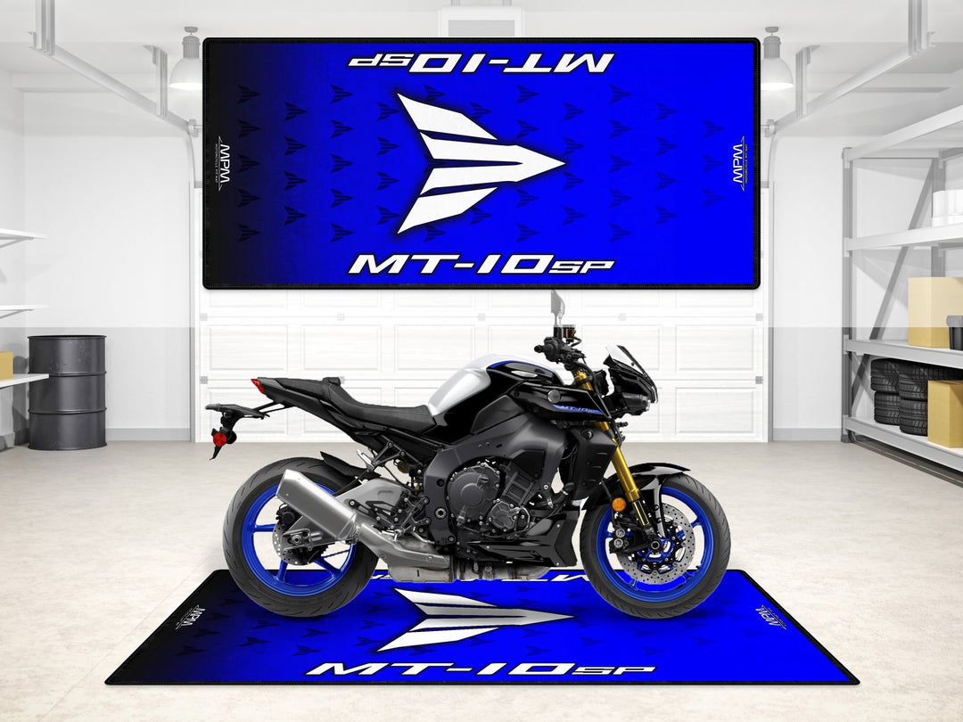 MT-10SP garage mat with vivid blue detail. Rugged Thermoplastic Rubber for superbike garage floor protection.