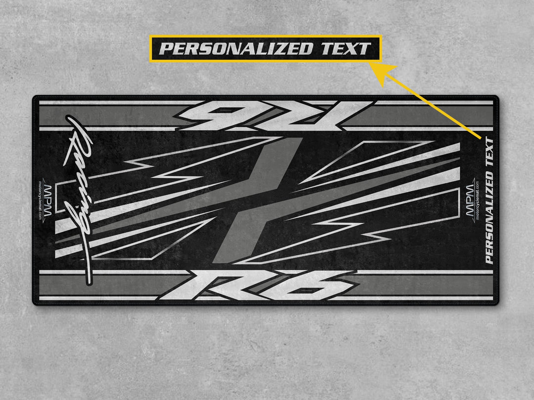 Personalized R6 mat in silver-grey for garage floor protection, track prep, and showroom-grade motorcycle display.