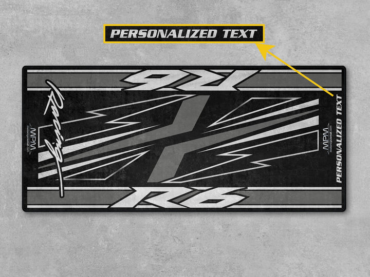 Personalized R6 mat in silver-grey for garage floor protection, track prep, and showroom-grade motorcycle display.