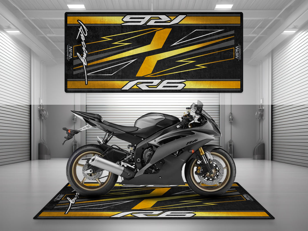 R6 in black and yellow on a garage floor mat with lightning design, ideal for pit mat, track prep, and bike zone display.