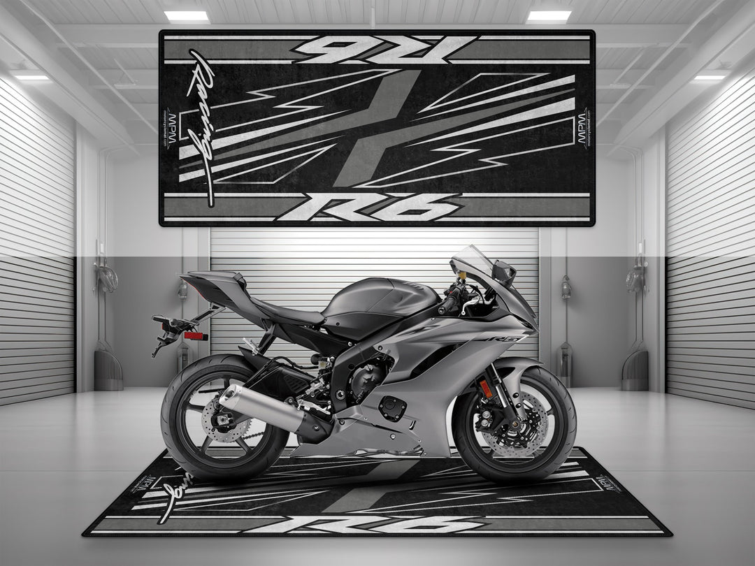 Grey Yamaha R6 garage carpet with racing lines, a perfect gift and floor cover for motorcycle display or racetrack use.