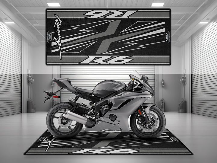 Grey Yamaha R6 garage carpet with racing lines, a perfect gift and floor cover for motorcycle display or racetrack use.