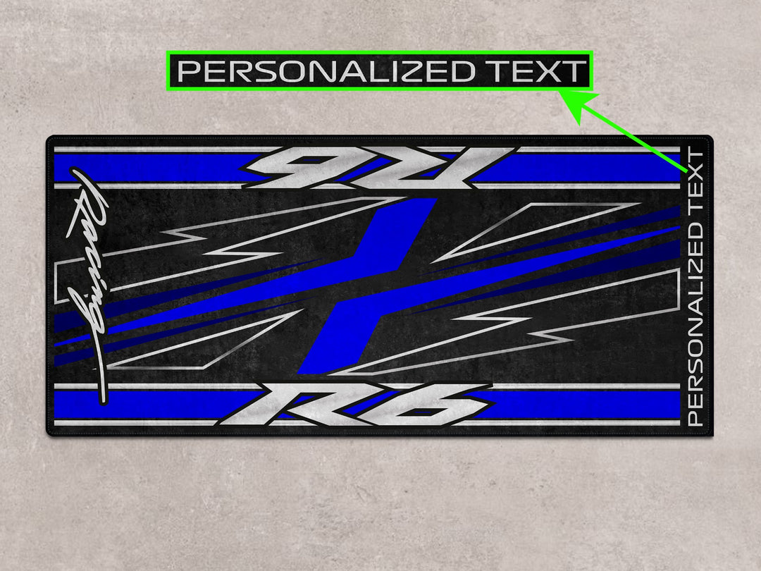 Custom pit rug with personalized text for R6 Icon Blue, Thermoplastic Rubber mat for garage, racetrack, and rider gear zone.
