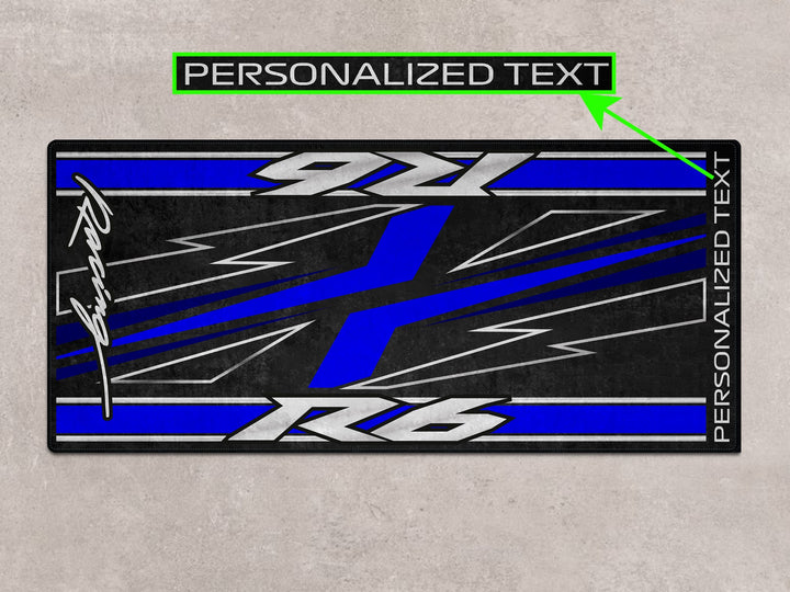 Custom pit rug with personalized text for R6 Icon Blue, Thermoplastic Rubber mat for garage, racetrack, and rider gear zone.