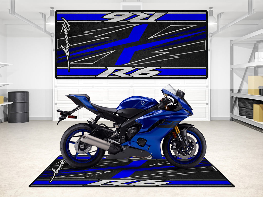 Icon Blue Yamaha R6 on a racing garage mat, perfect pit mat and floor cover for superbike garage and motorcycle gear setup.