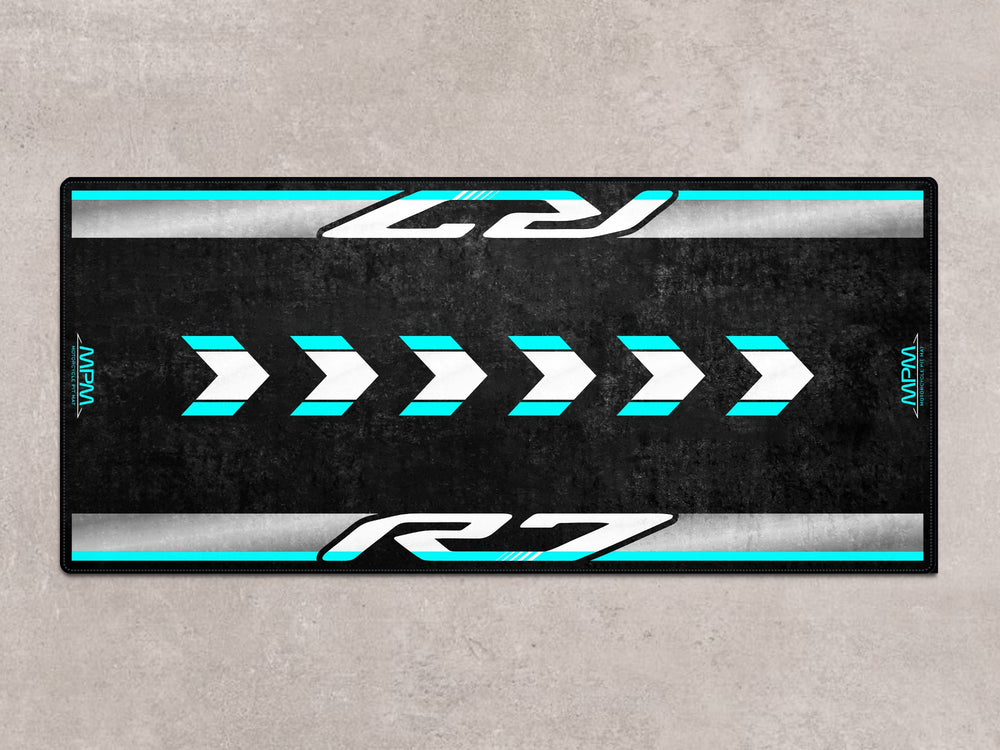Parking mat for Yamaha R7, combining garage floor protection with a custom motorcycle gear rug.