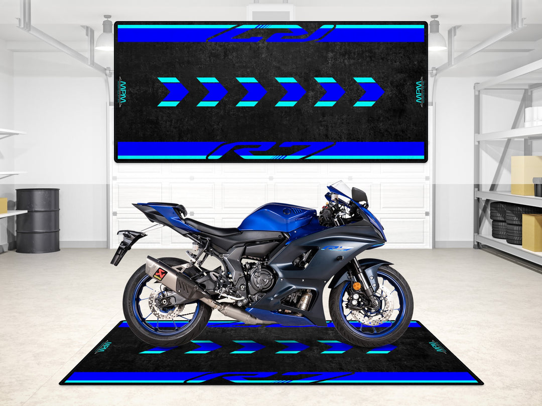 Yamaha R7 Icon Blue on a garage mat that upgrades your showroom with floor cover and style.