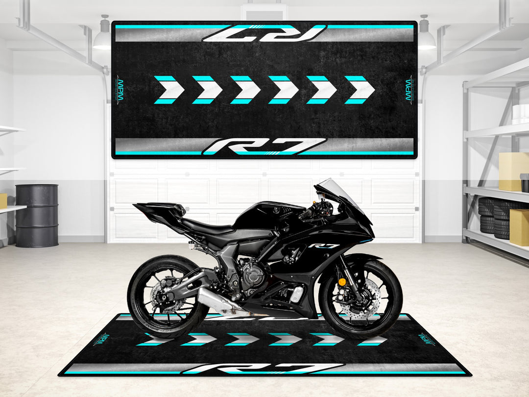 Yamaha R7 in Yamaha Black on a garage mat designed for floor cover, protection, and showroom appeal.