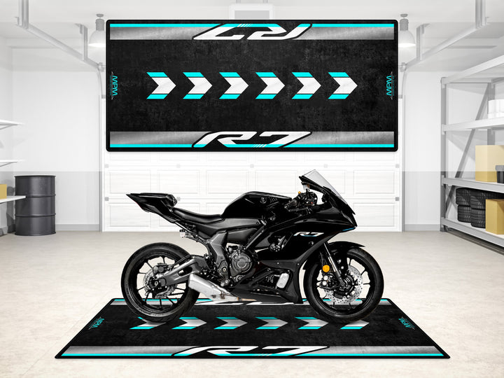 Yamaha R7 in Yamaha Black on a garage mat designed for floor cover, protection, and showroom appeal.