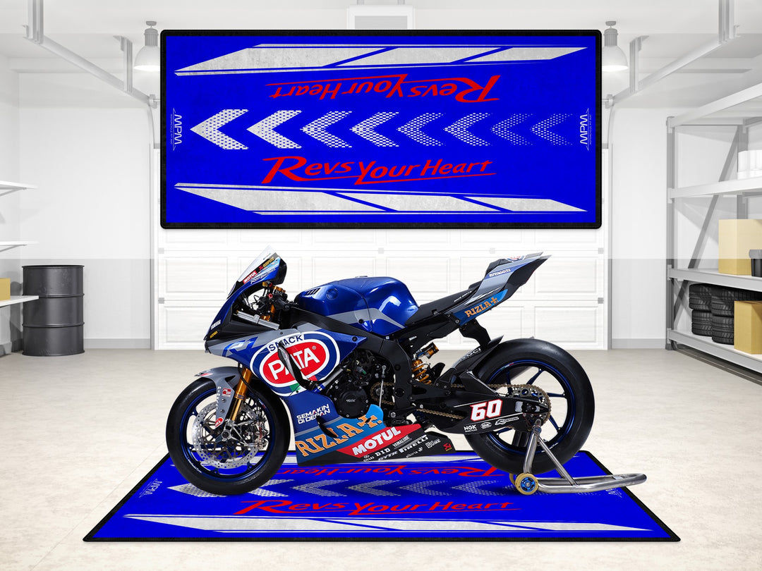 Garage mat with Revs Your Heart design, ideal for Yamaha R15 and MT-03, provides floor protection and showroom flair.