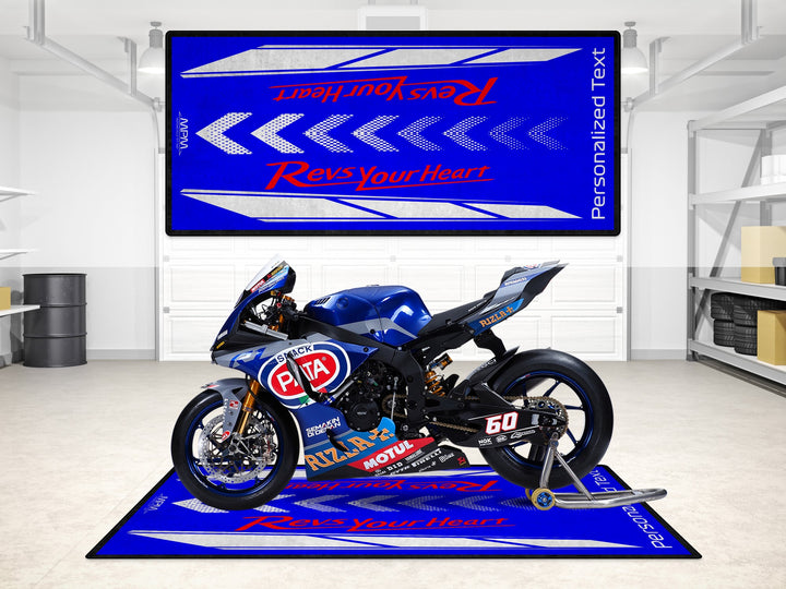 Custom pit rug in blue for Yamaha R25 and MT-03 riders, ideal gift and racetrack accessory.