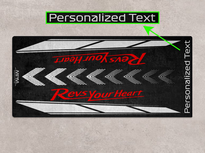 Personalized motorcycle display rug for Yamaha R15M and R125 GP, designed for track prep and bike zone layout.