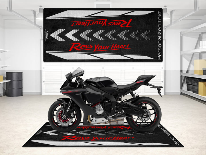 Custom pit mat for Yamaha R25 Monster and MT-09 SP, ideal gift for racetrack and superbike garage use.