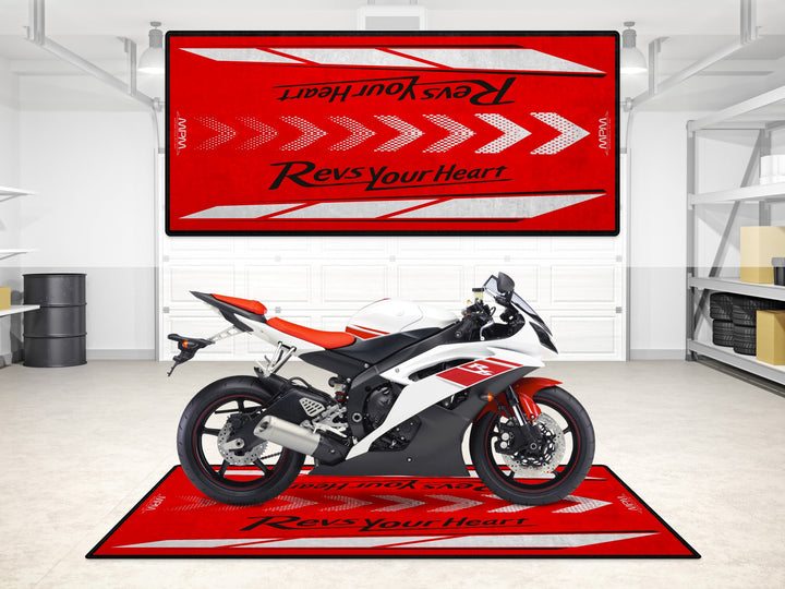 Red Revs Your Heart garage mat designed for Yamaha YZF-R125 and MT-125, a stylish parking mat and rug.