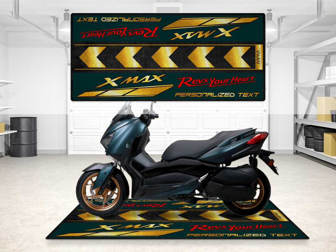 Custom pit rug for Yamaha XMAX featuring yellow arrows and red script. A must-have accessory and parking mat gift idea.
