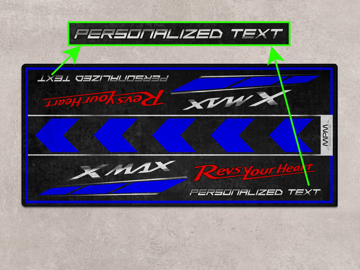 Garage mat with XMAX branding and blue arrows. Must-have gift for scooter riders and motorcycle gear lovers.