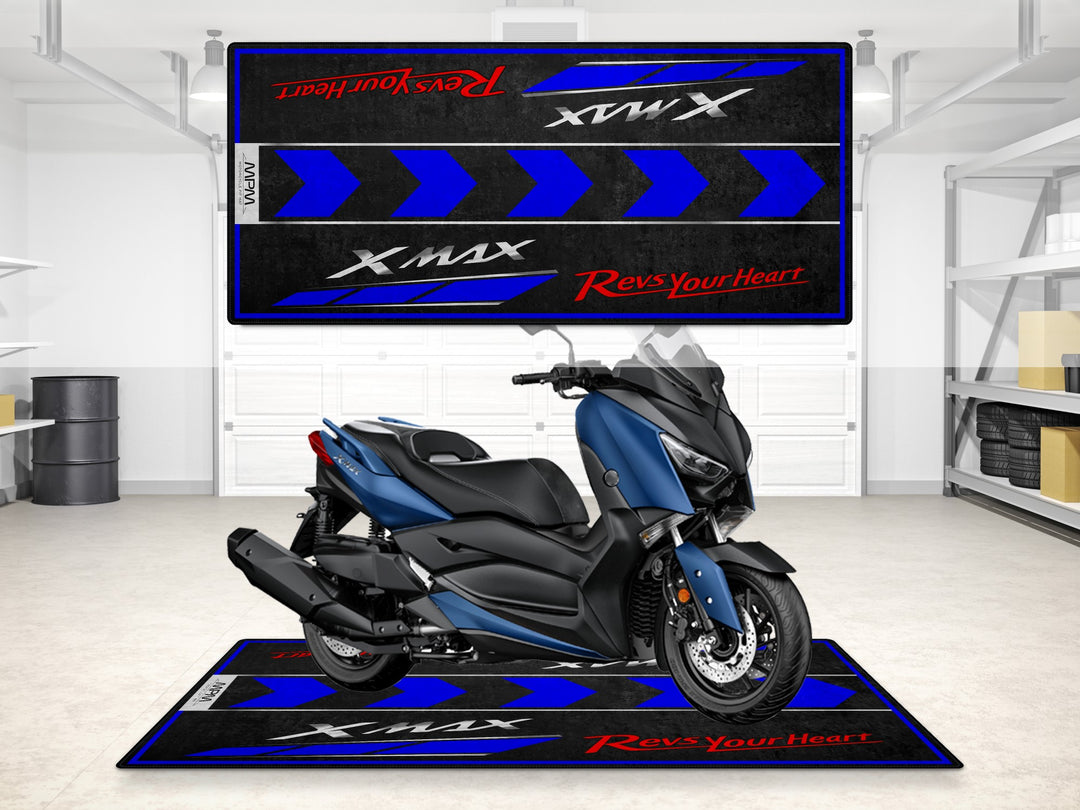 Blue chevron design garage mat for Yamaha XMAX. Stylish pit mat and carpet for floor cover and garage display.